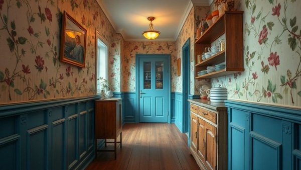 Charming vintage hallway in apartment for renters, blue and natural accents.
