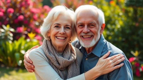 Happy older couple enjoying life estates and prenups in a sunny garden.