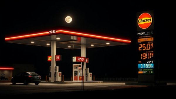 Gas station displaying high fuel prices at night, indicative of surging oil prices.