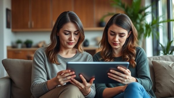 Women discussing investing in silver on a tablet in cozy living room.