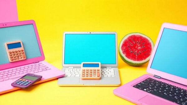 Key jamming concept with colorful laptops and unusual objects.