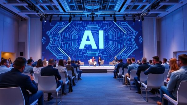 AI technology backdrop at conference with participants. Buy sell business.