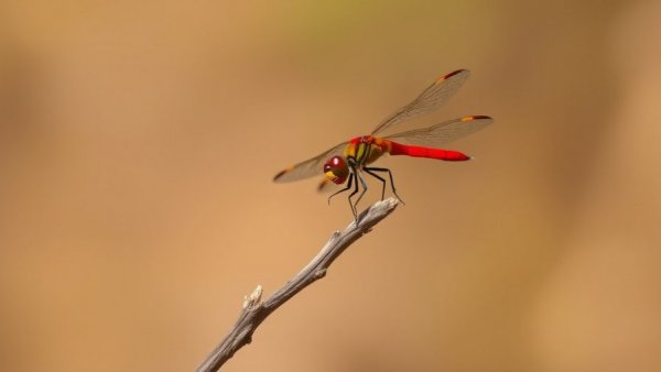 Smallest dragonfly species perched on a twig with vibrant colors.