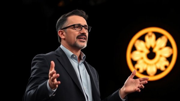 Dynamic corporate leader discussing innovation, energizing speech.