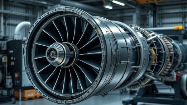 Intricate jet engine components in manufacturing setting.