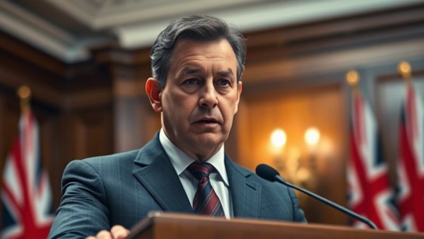 Geopolitical speech at podium with UK flags highlighting trade implications.