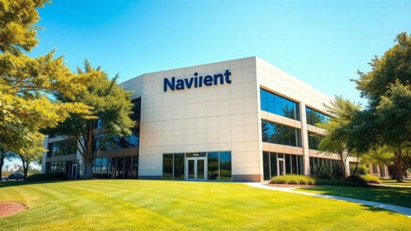 Navient building exterior with trees and blue sky, daytime.