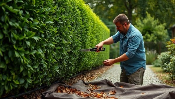 Garden pruning techniques for hedges, gardener trimming greenery.