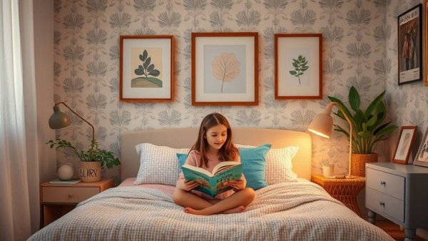 Teen girl bedroom essentials with cozy decor and ambient lighting.