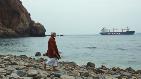Man walking on rocks by sea with cargo ships in background, relating to Iran conflict shipping market.