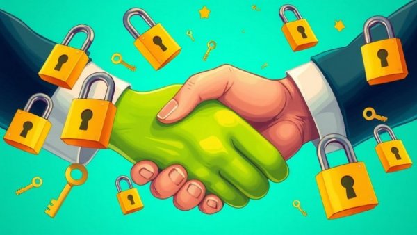 Surreal illustration of trust in sales with handshake and padlocks.