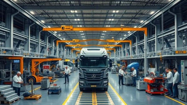 Modern semi-trailer factory in Illinois with assembly line.