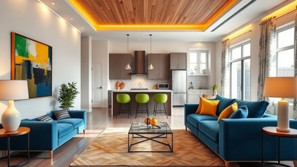 Home trends from 2016 back in style in 2026 - vibrant living room and kitchen.