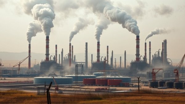 Industrial complex with flare stack emitting flames, symbolizing prolonged energy shock.