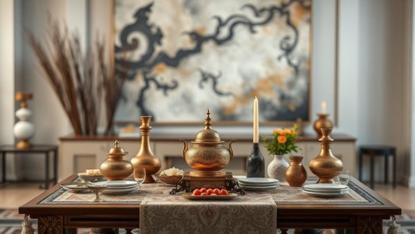 Elegant Haft-Sin table set for Persian New Year in artistic interior.