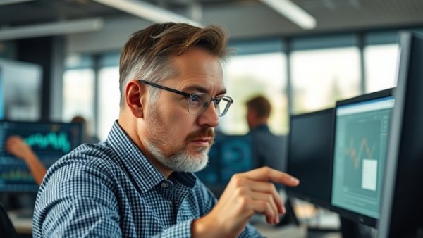 Trader analyzing Russell 2000 correction on computer screens.