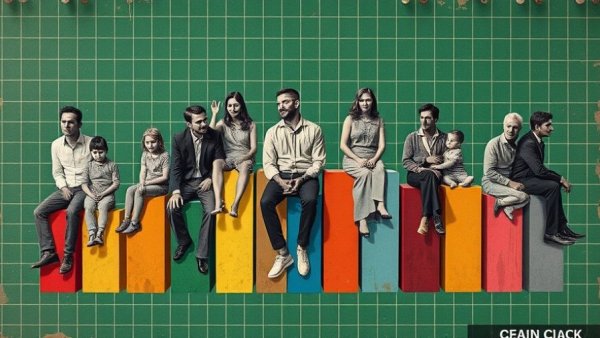 Life stages collage on colorful bars representing life expectancy and retirement.