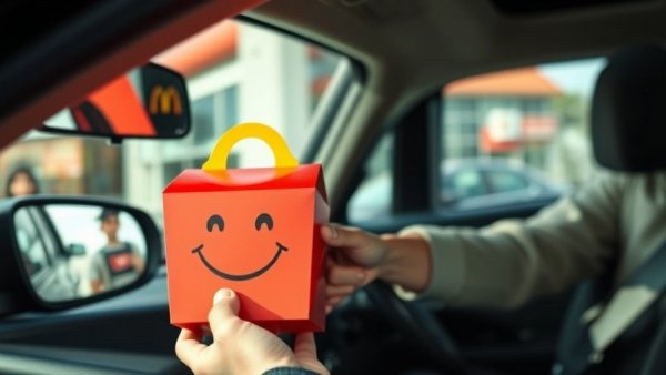Drive-thru exchange with a Happy Meal box, nostalgic scene.