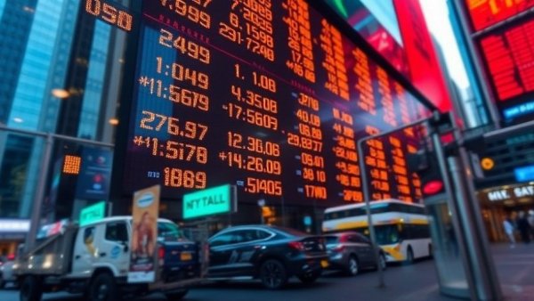 Dynamic stock ticker showing fluctuating numbers and stock codes.