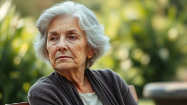 Thoughtful older woman sitting outside, reflecting on Florida hospital capacity challenges.
