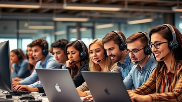 AI-driven lead generation team in vibrant office.