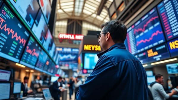 Trader at stock exchange dissecting data on NYSE displays amid market volatility oil futures.