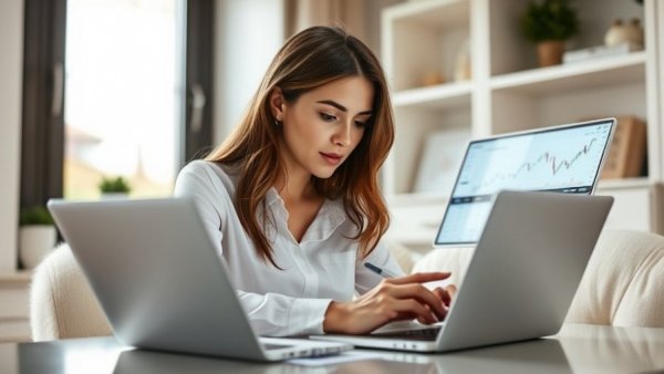 Young woman analyzing stock charts on laptop, illustrating overhyped stocks warning signs.