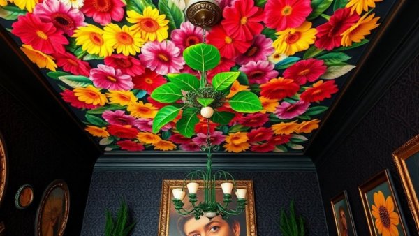 Eclectic interior with floral ceiling and bold artwork showcasing bold wallpaper trend