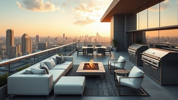 Victoria penthouse luxury living outdoor terrace with modern seating.
