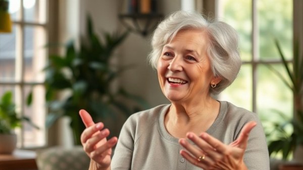 Smiling older woman discussing, photorealistic in cozy indoor setting.