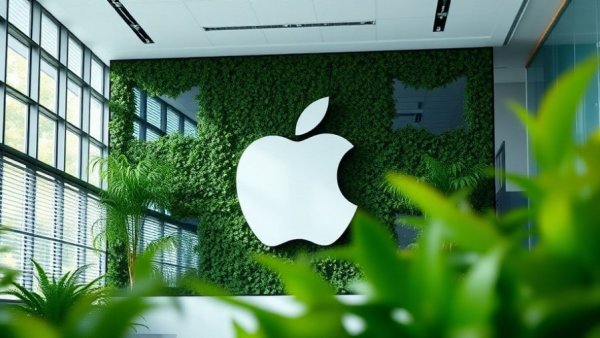Large white Apple logo on a glass building with foliage.