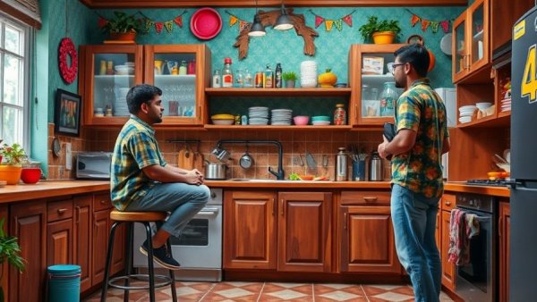 Hannah Montana set design with colorful kitchen and characters interacting