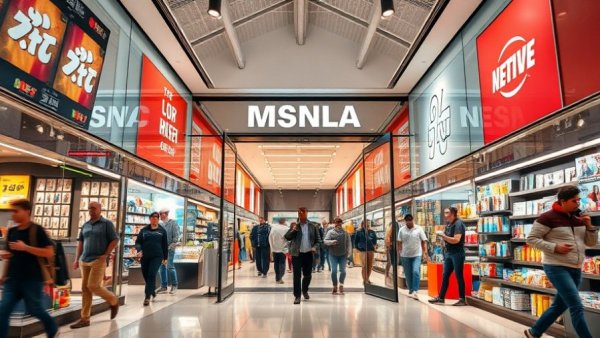 Modern retail store entrance with shoppers browsing inside.