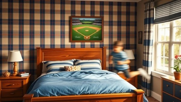 Baseball-themed bedroom decor for apartment renters features plaid wallpaper.