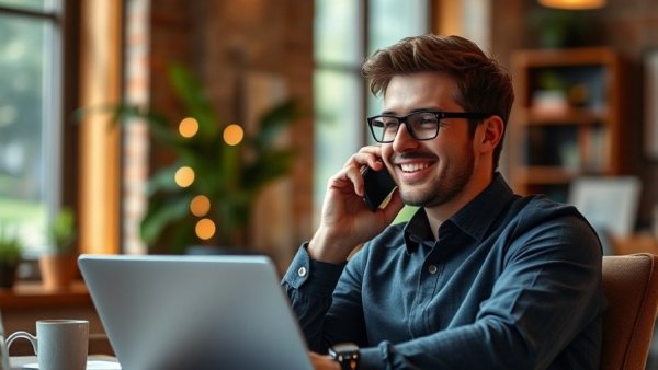 Young man in office discussing risks of voice in financial services.