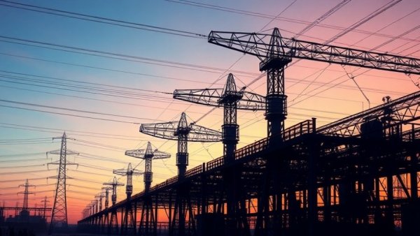 High voltage power station infrastructure in evening light; import export manufacturers context.