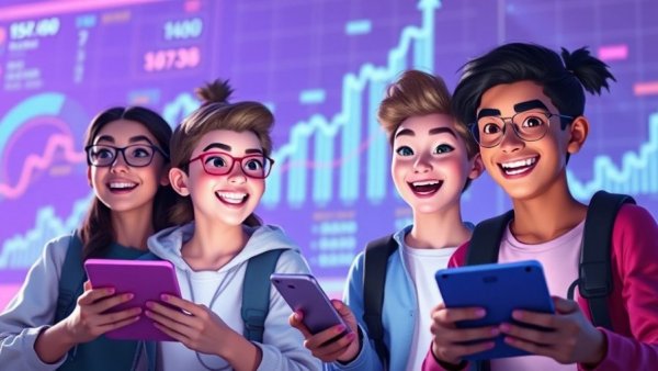 Teen stock trading, enthusiastic teens with stock charts.