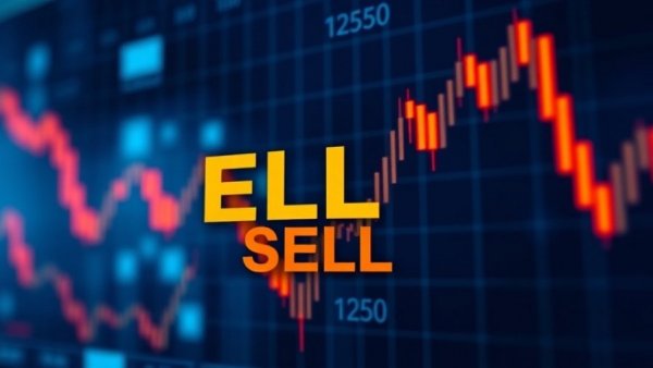 Stock market sell alert graphic showing declining candlestick chart.