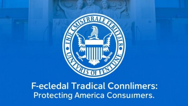 FTC logo with modern building facade and consumer protection message.