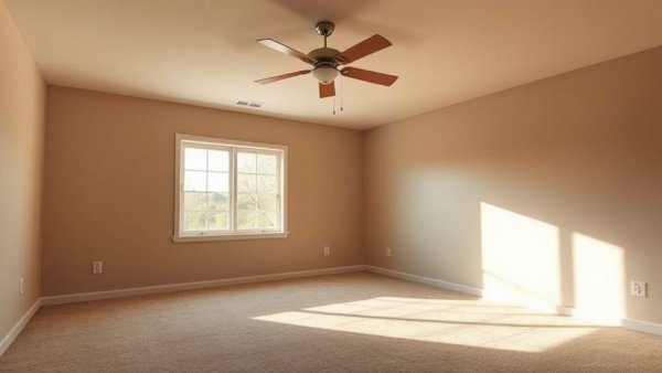 Empty bedroom interior with beige walls and ceiling fan.