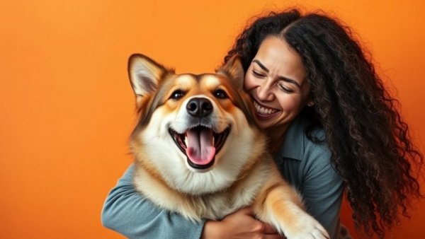 Joyful woman with happy dog, illustrating the lifetime cost of a pet.