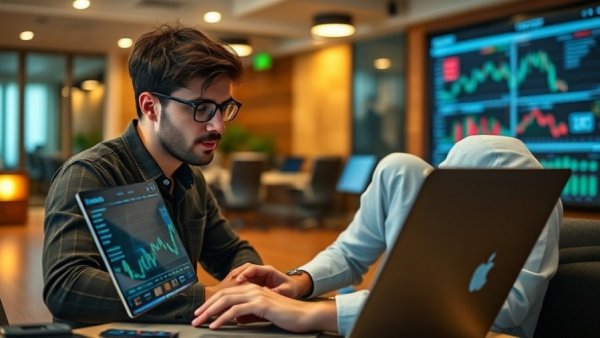 Young man with laptops analyzing data for buy sell business in office.