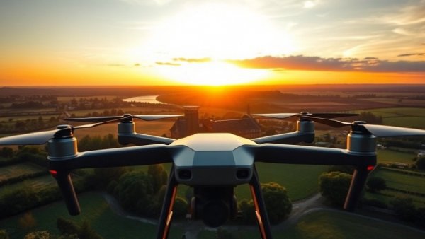 Drone surveying UK countryside landscape at sunset, highlighting defence tech.