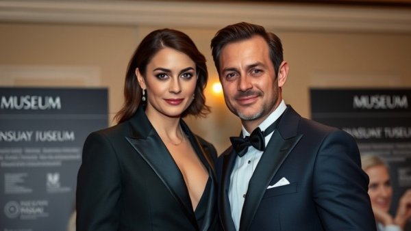 Elegant couple posing at a formal museum event