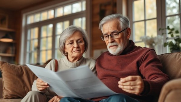 Elderly couple reviewing papers in a living room setting.