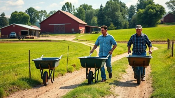Individuals with wheelbarrows on a farm path near a barn, homeowner insurance setting.