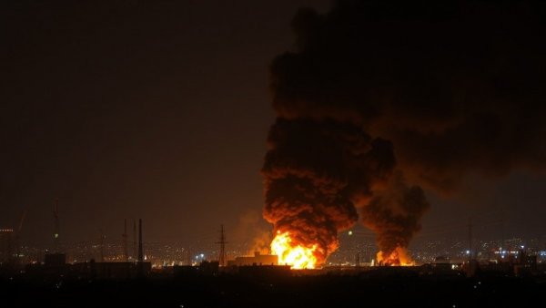 Intense flames and smoke rising over cityscape, implications for Iran trade.