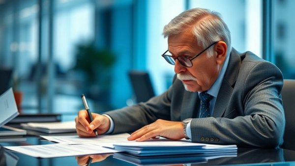 Elder man writing during retirement financial planning session.