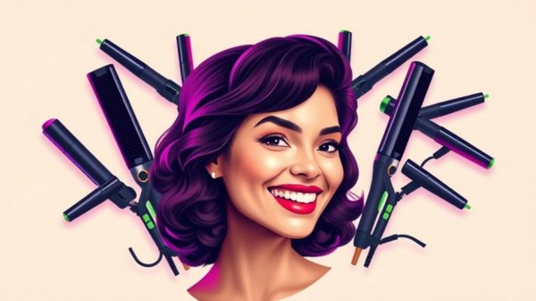 Stylized art of a woman with reinventing hair tools in a collage design.