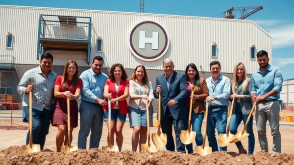 Business expansion in healthcare: Groundbreaking ceremony with group in hard hats.